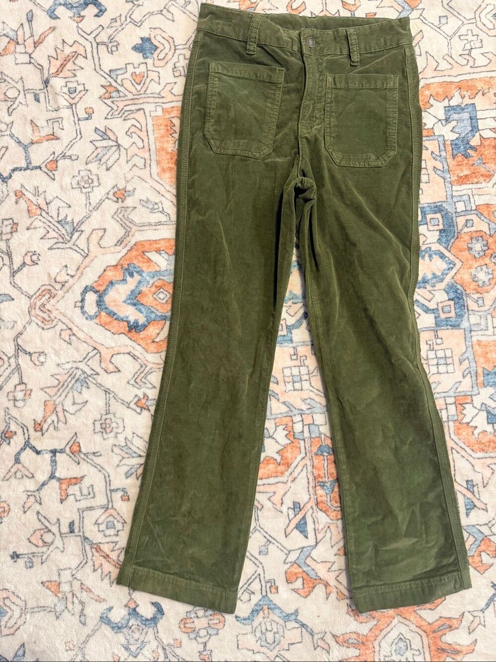 Free People Green Corduroy Flare Pants Patch Pocket Size 6